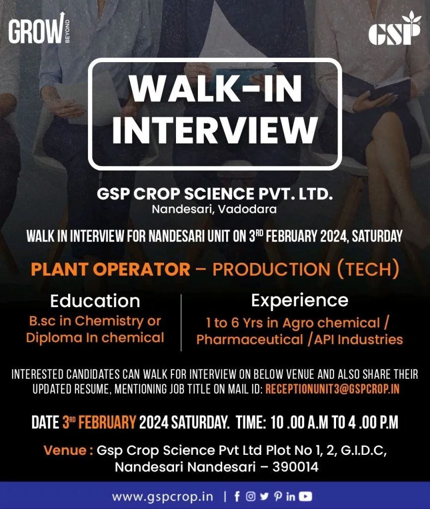 GSP Crop Science Pvt. Ltd - Walk-In Interviews on 3rd Feb 2024